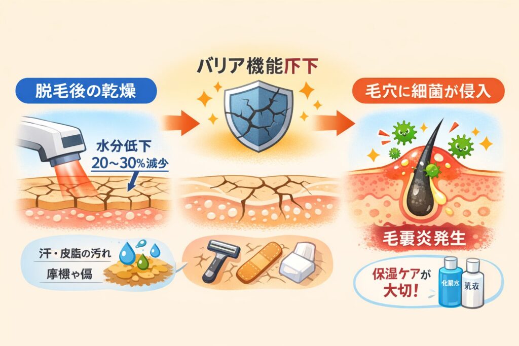 脱毛で肌のバリア機能が低下することで起きる乾燥