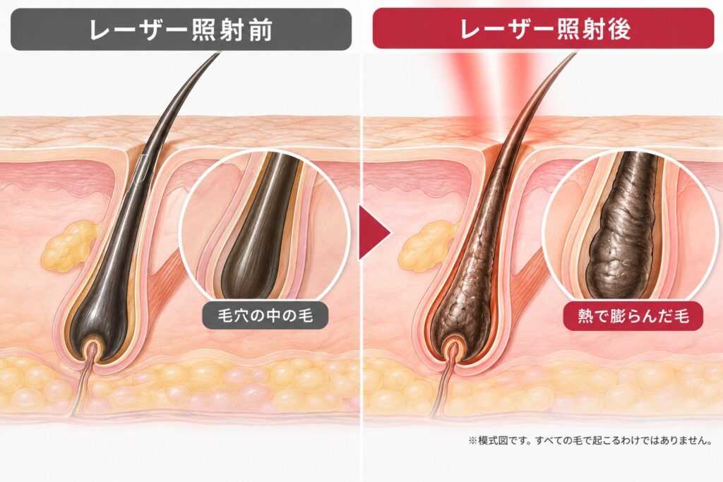 レーザーの熱で毛が毛穴の中で膨らむ