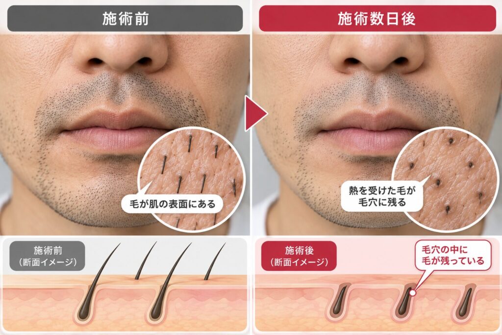 泥棒ヒゲは、抜け落ちる前の毛が目立つ状態