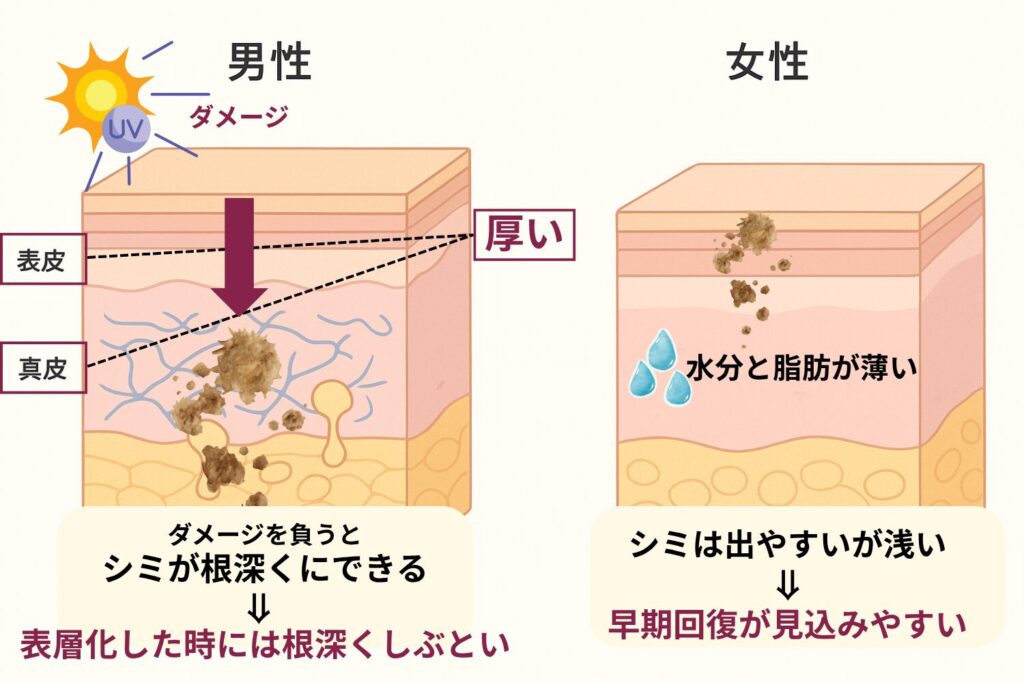 男性のシミは女性より濃く深い：肌の奥まで伸びるメラニン沈着