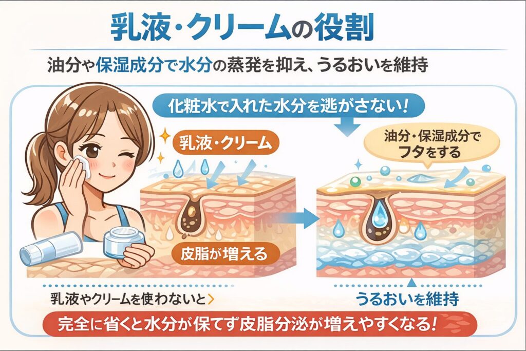 乳液やクリームは水分を保つために使う