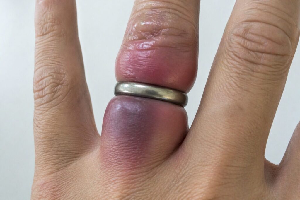 血流障害により指の壊死リスクがある