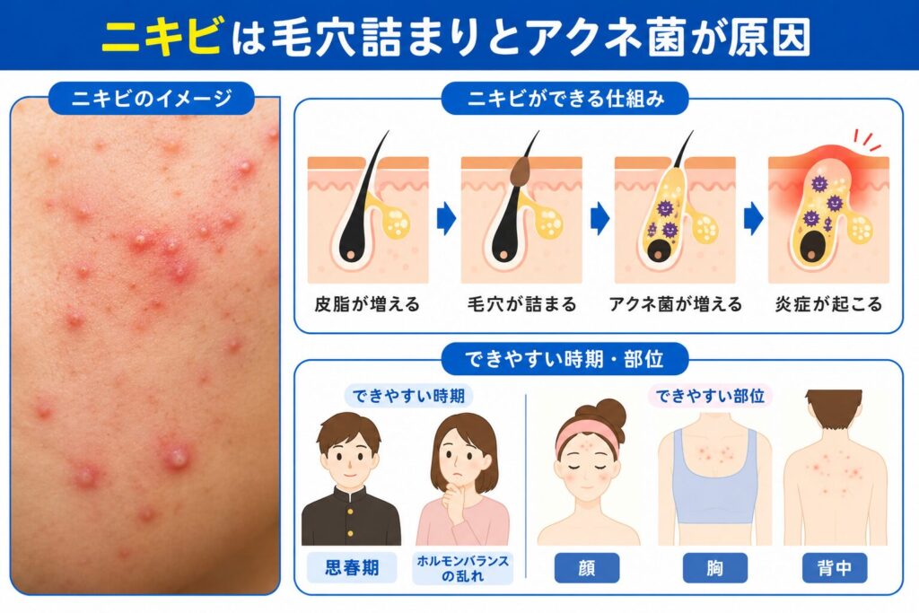 ニキビは毛穴詰まりと皮脂で起こる