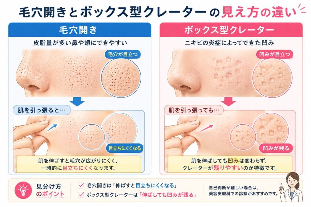 ボックス型クレーターと毛穴開きの違い
