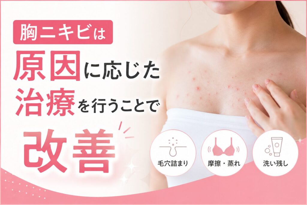 胸ニキビは原因に応じた治療を
行うことで改善が期待できます
