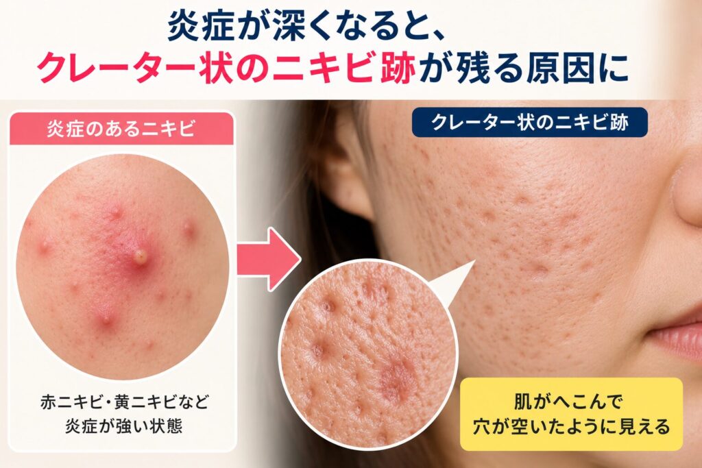 炎症で肌にへこみ（クレーター）が残った