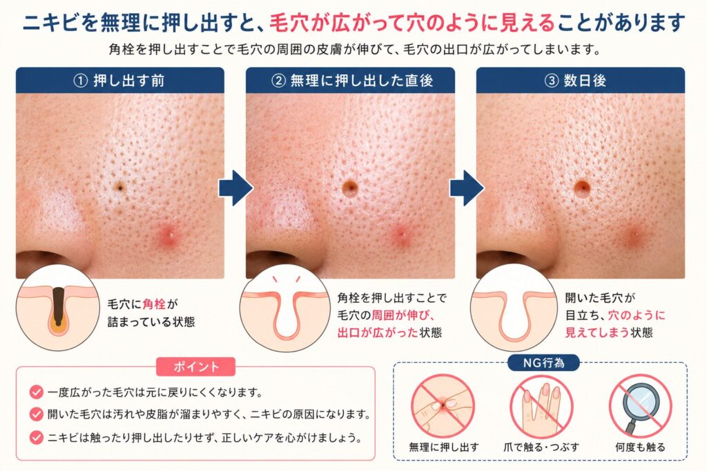 角栓を押し出して毛穴が開いた