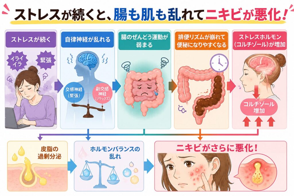 ストレスが便秘と腸の動きを乱し、ニキビを悪化させる