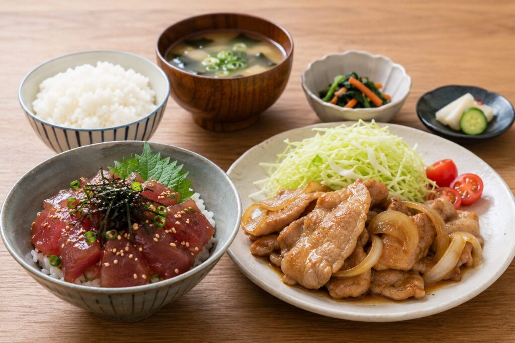 ビタミンB群を含む肉・魚・卵を主食と組み合わせましょう