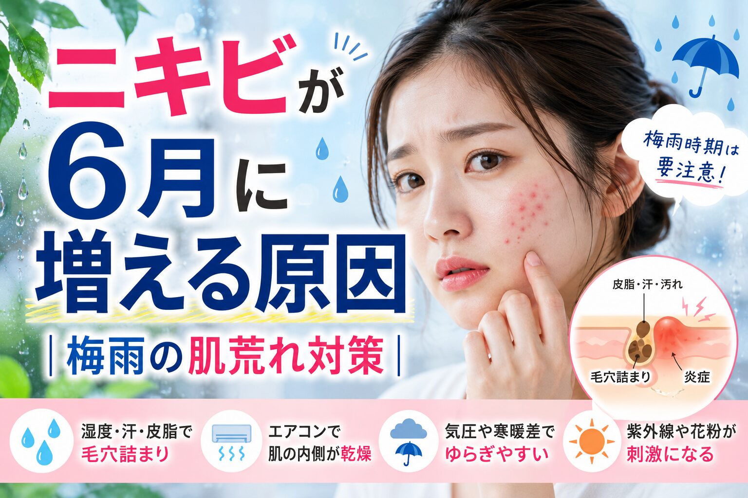 ニキビが6月に増える原因|梅雨の肌荒れ対策