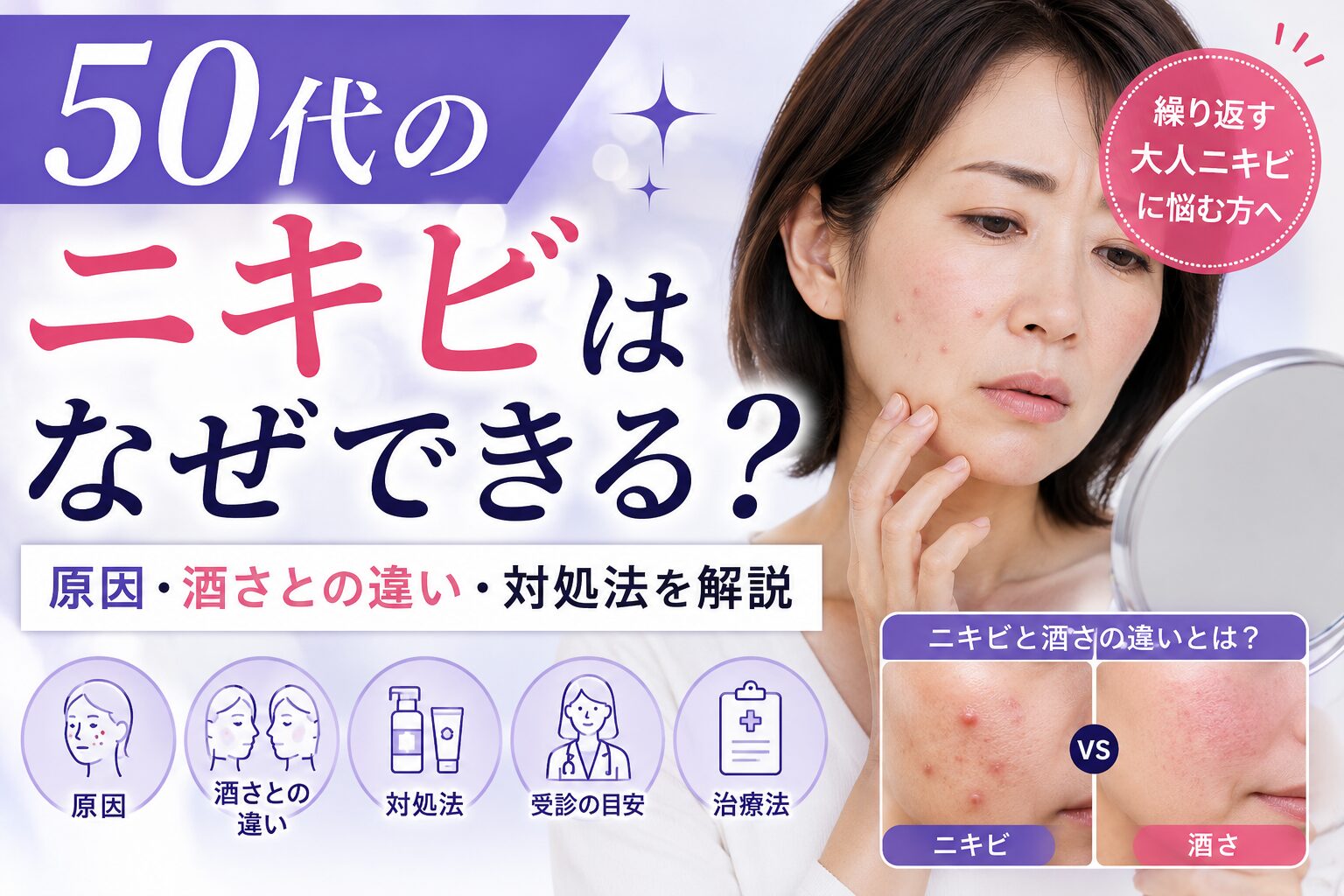 50代のニキビはなぜできる?原因・酒さとの違い・対処法を解説