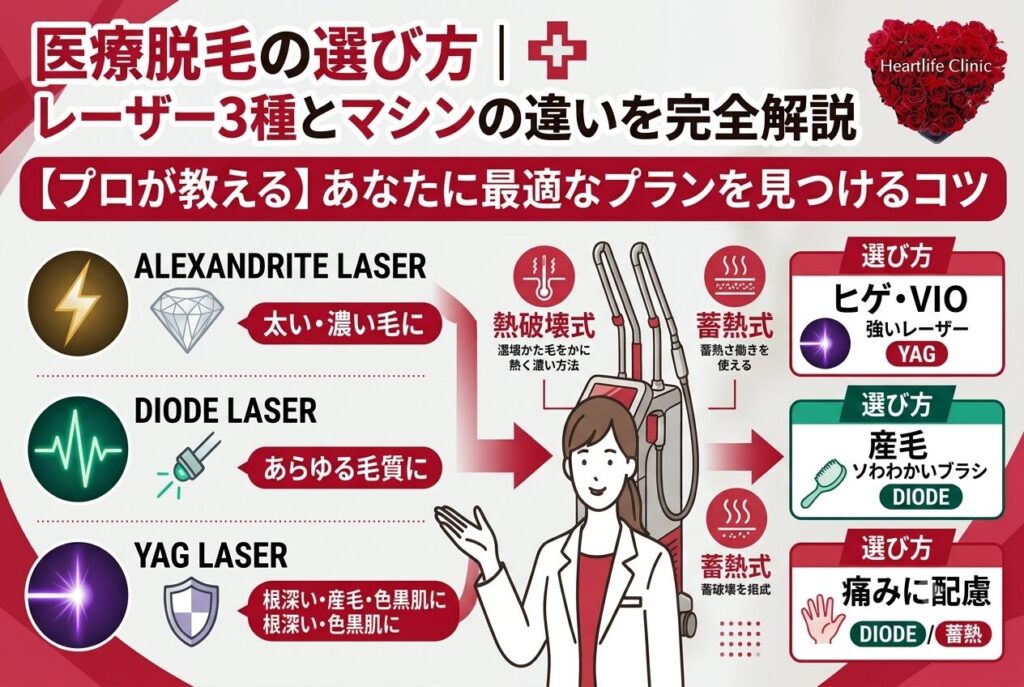 医療脱毛の種類と違い|レーザー3種・脱毛機の選び方を解説