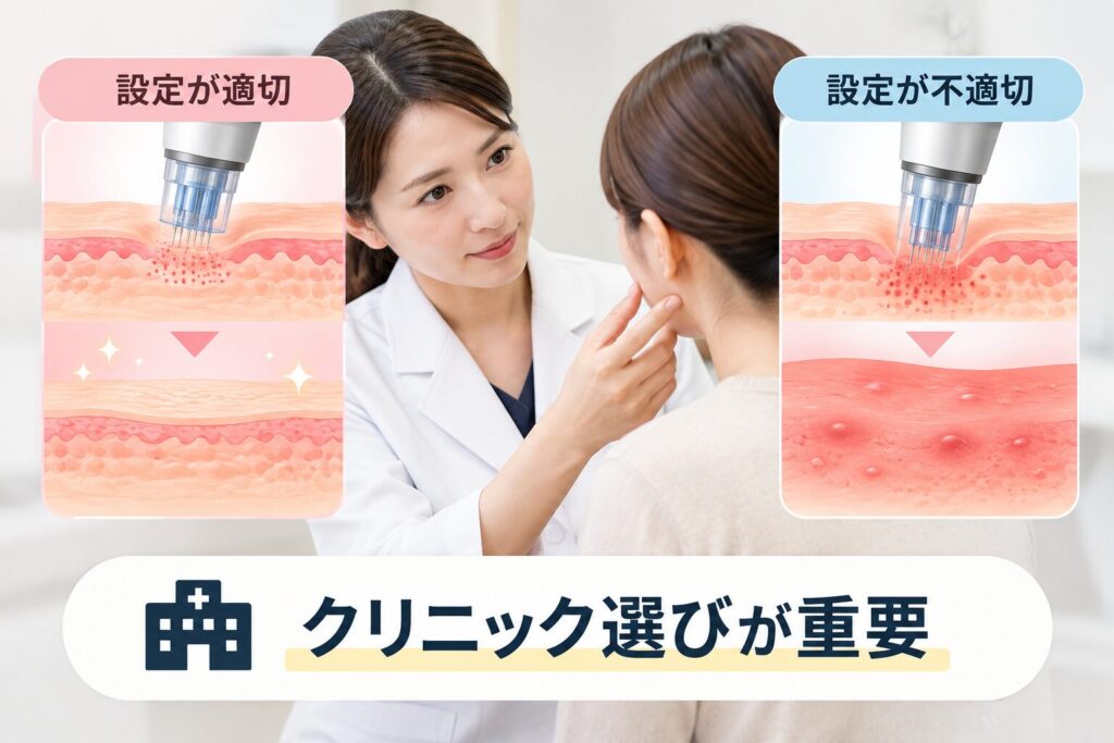 針の深さや回数の設定で結果が左右される
