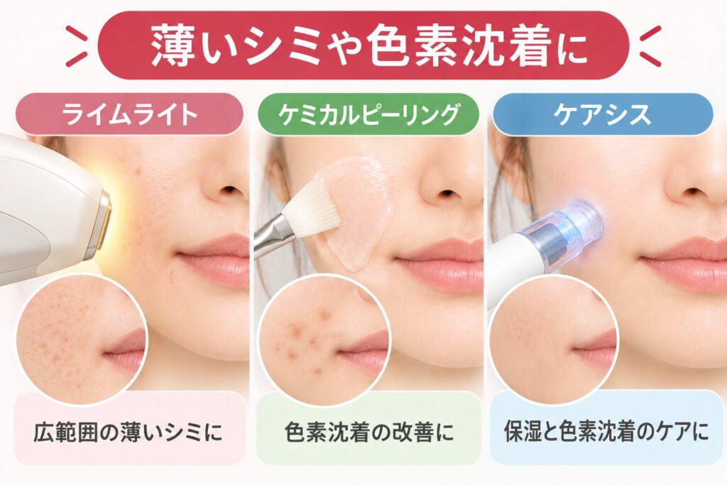 薄いシミや色素沈着にはライムライト・ケミカルピーリング・ケアシスも検討する