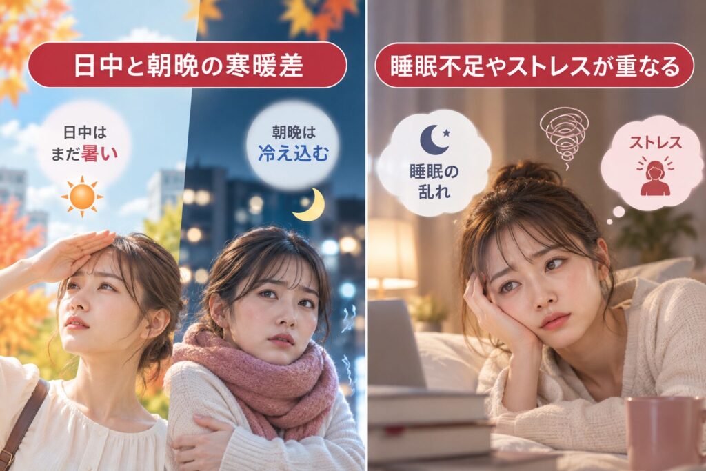 寒暖差と睡眠・ストレスの乱れが重なる