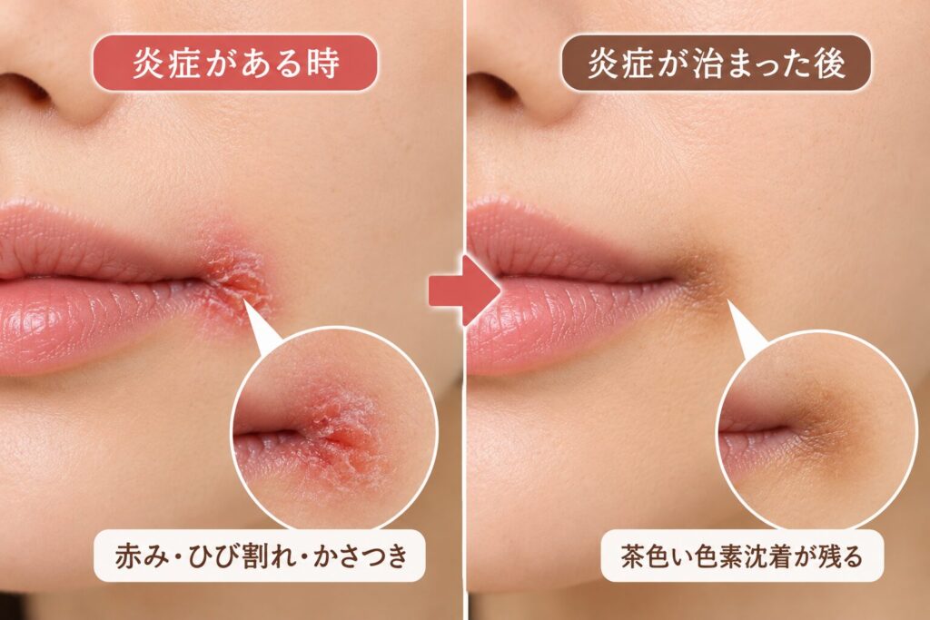唇の輪郭や口角の黒ずみは炎症後の色素沈着が多い