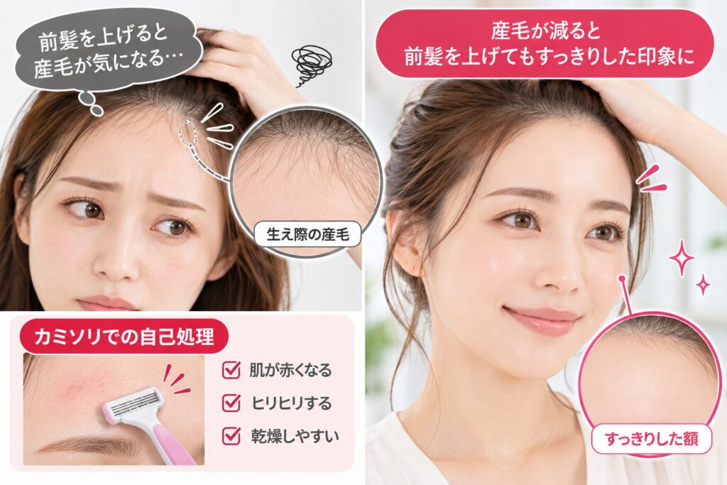 カミソリの自己処理による肌荒れと、前髪の悩みが軽くなる
