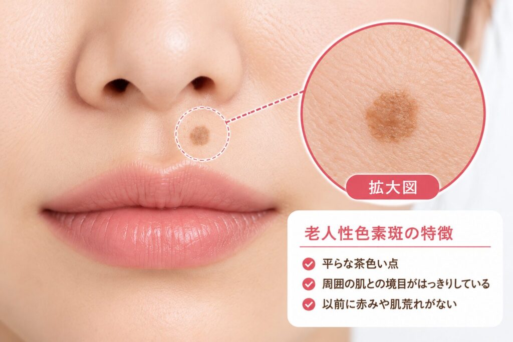 輪郭がはっきりした茶色い点は老人性色素斑