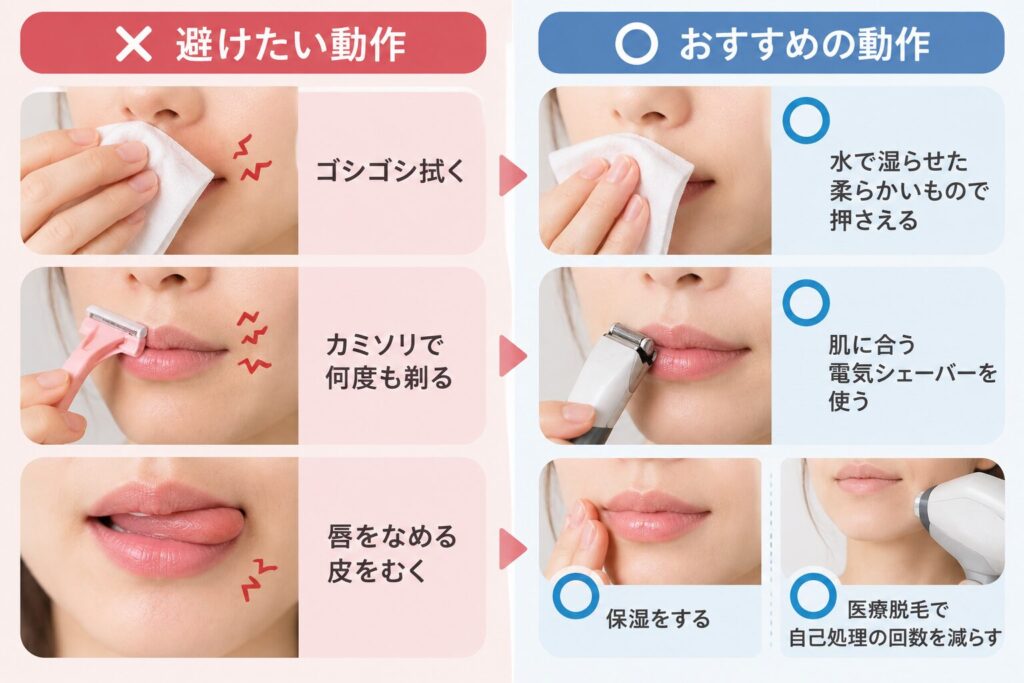 食後の拭き取りや産毛処理では摩擦を減らす