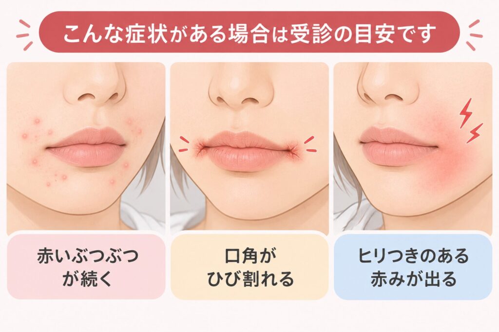 赤み・ぶつぶつ・ひび割れが続く場合は皮膚炎を確認する