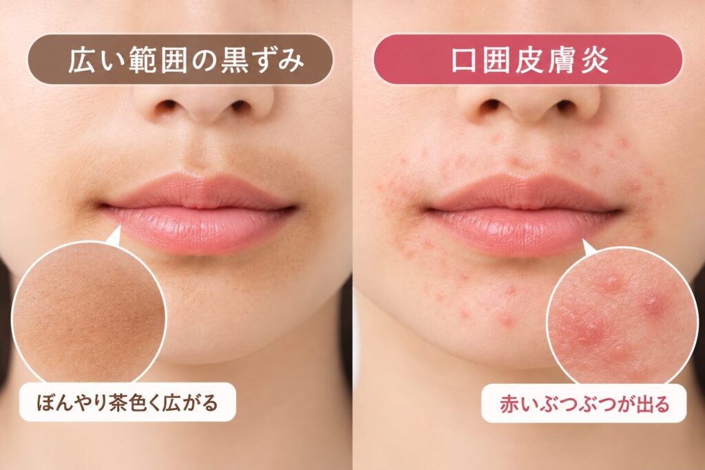 広い範囲の黒ずみは皮膚炎の跡や口囲皮膚炎を確認する