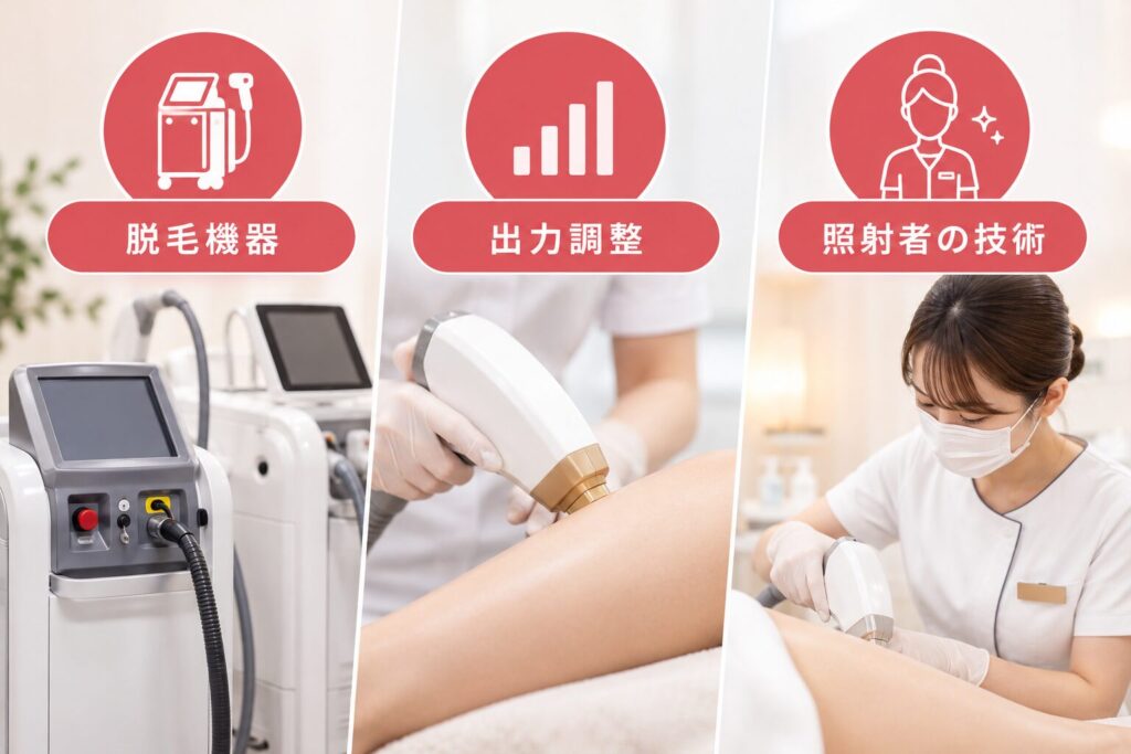 効果を決めるのは機器・出力・照射者の技術で、施設の種類ではない